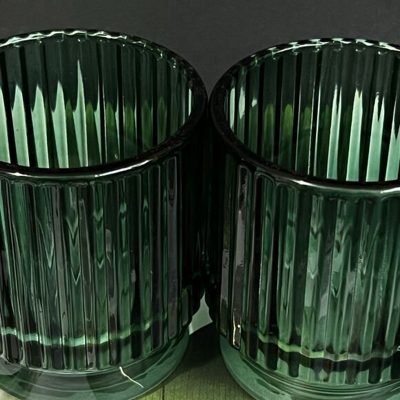 Ribbed Glass Votive Candle Holder Set of 2 Emerald Green Round Home Decor - Picture 8 of 15